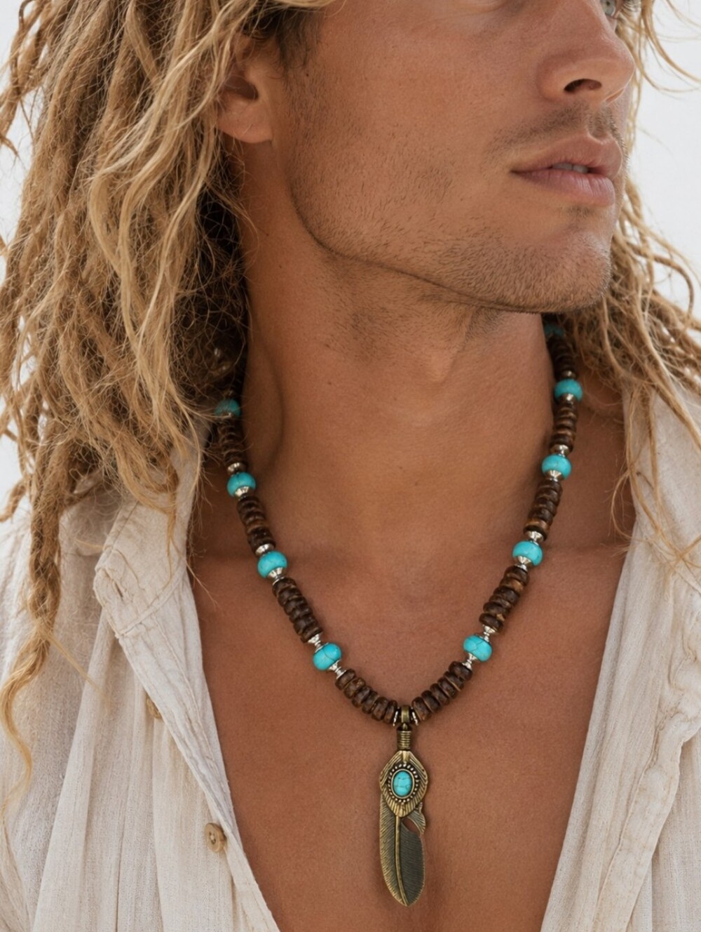 Designer Men's Jewelry Necklace Surf Choker Natural Blue Stone Bronze Feather